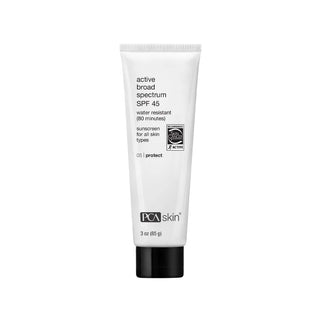 PCA Skin Active Broad Spectrum SPF 45 water-resistant sunscreen 3 oz tube on a white background