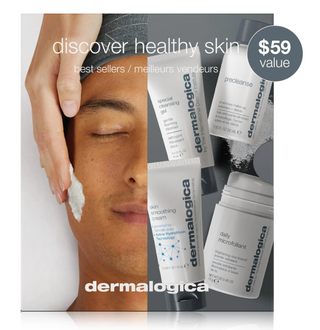 Dermalogica Discover Healthy Skin Kit with four skincare products and cleanser being applied to skin
