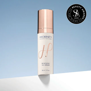 Hydrinity Renewing HA Serum bottle featuring a 2025 Beauty Awards Top Picks badge on a light blue background