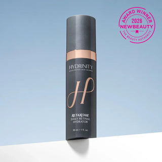 Hydrinity RetaXome Daily Retinal Hydrator bottle featuring a 2026 NewBeauty Award Winner badge on a light blue background