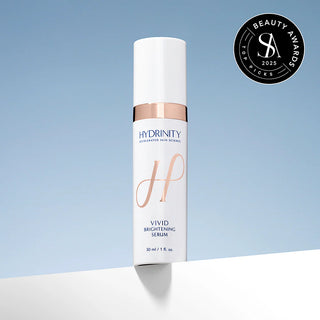 Hydrinity Vivid Brightening Serum bottle featuring a 2025 Beauty Awards Top Picks badge on a light blue background