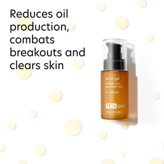 PCA Skin Acne Gel highlighting benefits that reduce excess oil production, combat breakouts, and help clear acne-prone skin