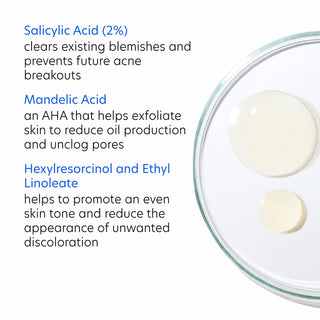 PCA Skin Acne Gel key ingredients including 2% salicylic acid, mandelic acid, hexylresorcinol, and ethyl linoleate