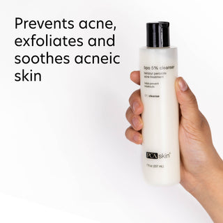 PCA Skin BPO 5% Cleanser highlighting benefits that help prevent acne, exfoliate, and soothe acne-prone skin