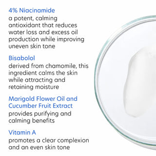 PCA Skin Clearskin key ingredients including 4% niacinamide, bisabolol, marigold flower oil, cucumber fruit extract, and vitamin A