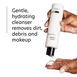 PCA Skin Creamy Cleanser being dispensed into a hand with text highlighting its gentle, hydrating cleansing benefits