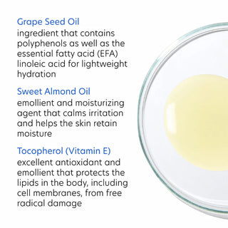 PCA Skin Daily Cleansing Oil key ingredients: Grape Seed Oil for lightweight hydration, Sweet Almond Oil to calm and retain moisture, and Vitamin E for antioxidant protection