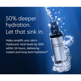 PCA Skin Hyaluronic Acid Boosting Serum helps increase skin’s hyaluronic acid levels by 50% within 24 hours for instant and long-term hydration