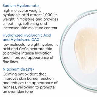 PCA Skin Hyaluronic Acid Overnight Mask key ingredients: Sodium Hyaluronate and Hydrolyzed Hyaluronic Acid for hydration, plus 2% Niacinamide to support the skin barrier and even skin tone.