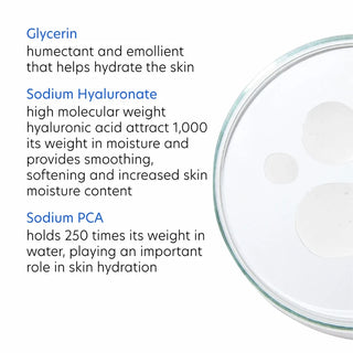 PCA Skin Hydrating Serum key ingredients: Glycerin and Sodium Hyaluronate to hydrate and soften skin, plus Sodium PCA to support moisture retention.