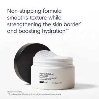 PCA Skin Triple Exfoliation Peel Pads feature a non-stripping formula that smooths skin texture, strengthens the skin barrier, and boosts hydration.